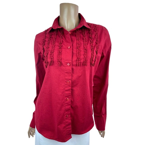 Austin Clothing Co Red Ruffled Blouse Sz M Long Sleeve Button Front Cotton/Spand - Picture 1 of 5